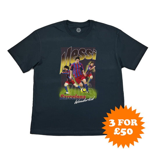 BARCELONA MESSI WONDERKID BOOTLEG TEE, Cult Kits, Small / Barcelona / Black